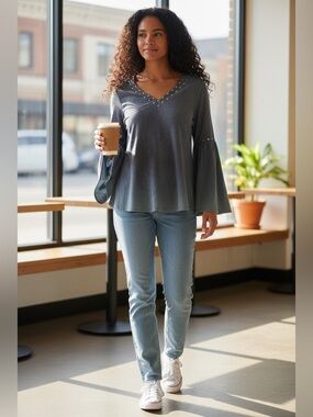 Style & Co. Bluish Purple V-Neck Bell Sleeve Top with Gold Studs